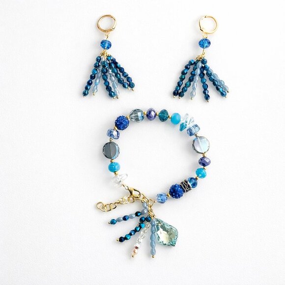 Swarovski Beaded Bracelet & Earrings Set – Blue & Gold Women’s Jewelry Gift - Picture 16 of 16